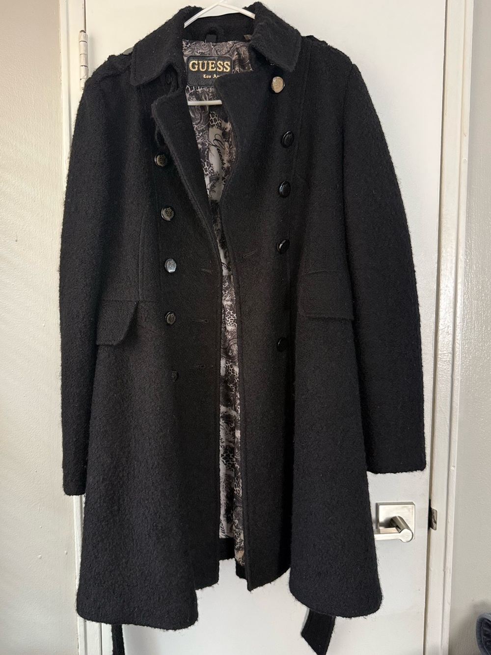 Y2K Guess Los Angeles Black Wool Blend Military Coat Belted Large